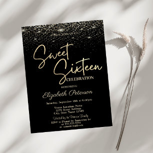 Elegant Modern Simple Confetti  Black Sweet 16 Invitation