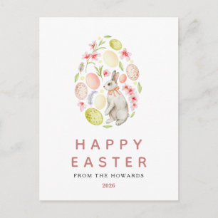 Elegant Modern Simple Floral Bunny Happy Easter Holiday Postcard
