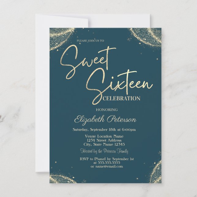Elegant Modern Simple Gold Glitter  Sweet 16  Invitation (Front)