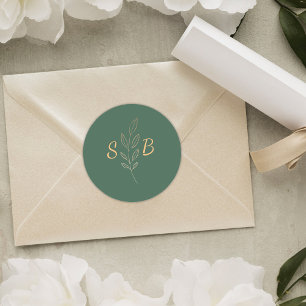 Elegant Modern Simple Monogram Green Wedding Classic Round Sticker
