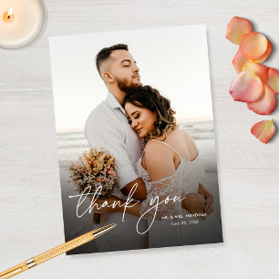 Elegant Modern Simple Script 2 Photos Wedding Thank You Card