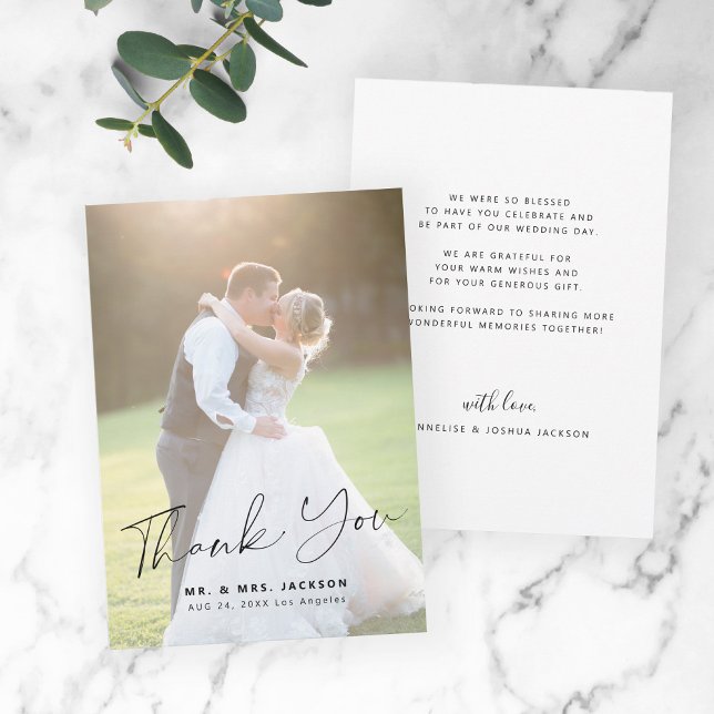 Elegant modern simple script photo wedding thank you card (Creator Uploaded)