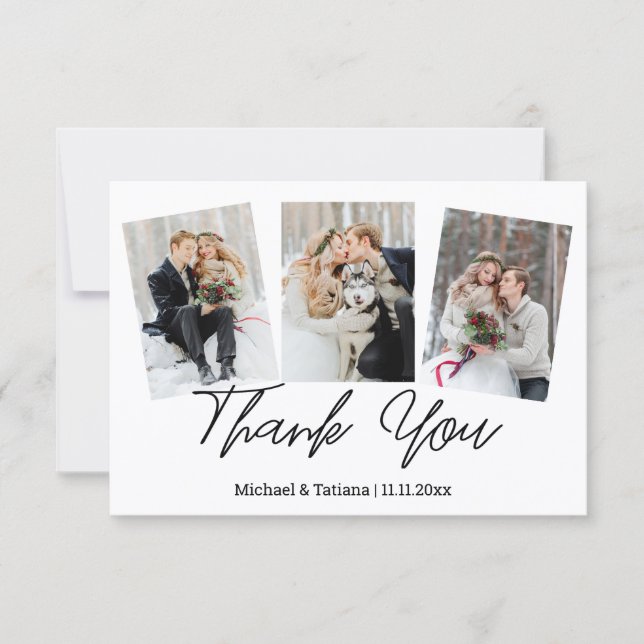 elegant modern simple script wedding 3 photos thank you card (Front)