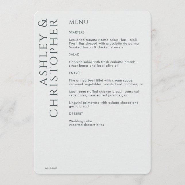Elegant Modern Space Grey Wedding Menu (Front)