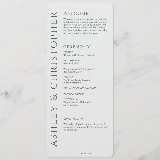 Elegant Modern Space Grey Wedding Programme (Front)