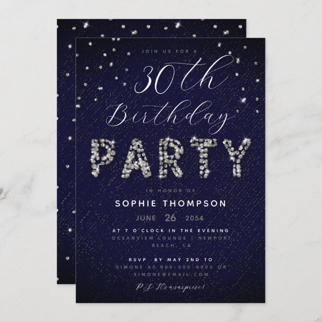 Elegant Modern Sparkle Glitter Blue Birthday Party Invitation (Front/Back)