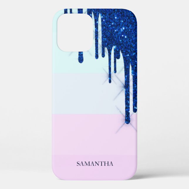 Elegant Modern Striped,Blue Glitter Drips  Case-Mate iPhone Case (Back)