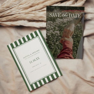 Elegant Modern Striped Green Wedding Photo Save The Date