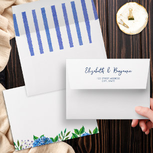 Elegant Modern Stripes Blue Hydrangeas Wedding Envelope