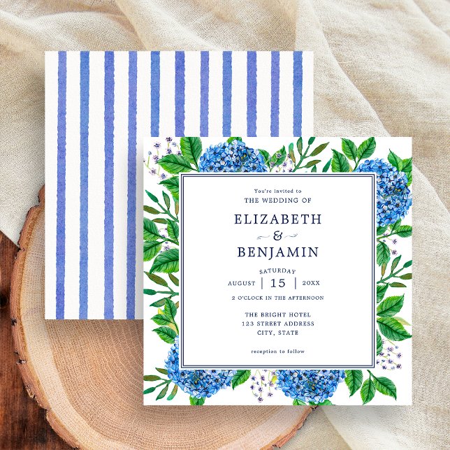Elegant Modern Stripes Blue Hydrangeas Wedding Invitation (Front / Back)