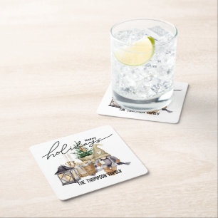 Elegant modern style with script Watercolor Santa Square Paper Coaster