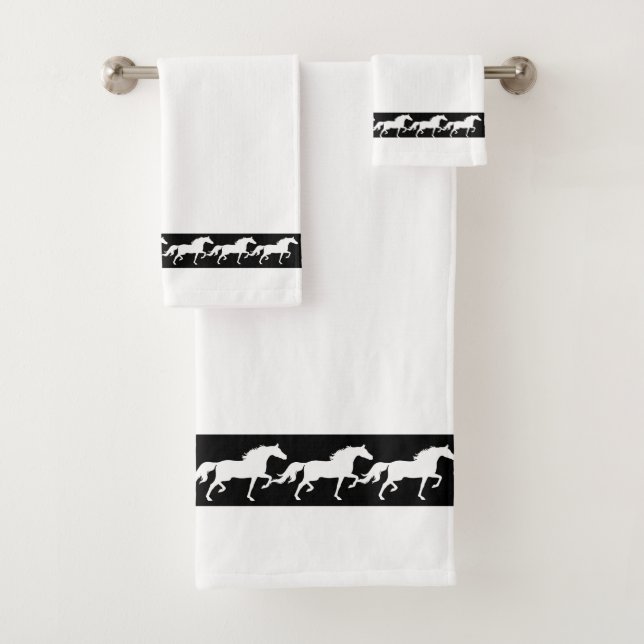 Elegant, Modern, Stylish Horses on Black and White Bath Towel Set (Insitu)