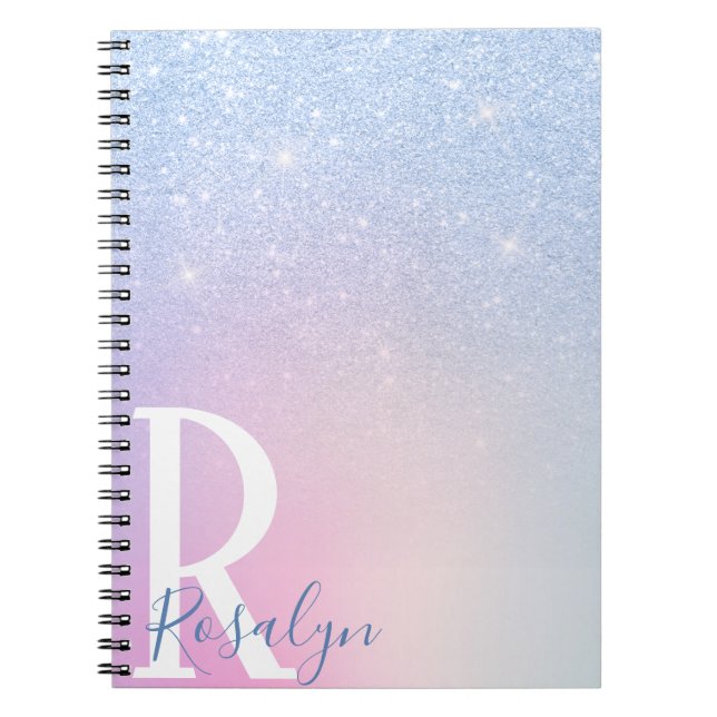 Elegant modern stylish ombre blue glitter rainbow notebook (Front)