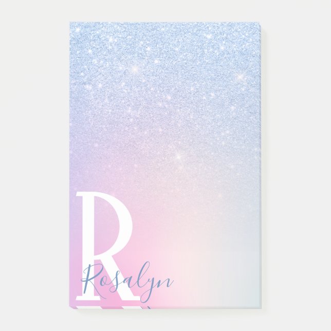 Elegant modern stylish ombre blue glitter rainbow post-it notes (Front)