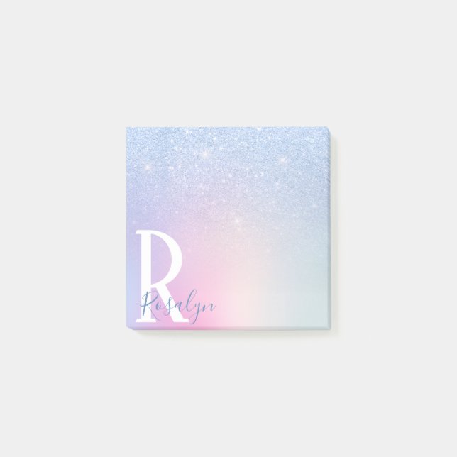 Elegant modern stylish ombre blue glitter rainbow post-it notes (Front)