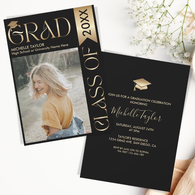 Elegant Modern Stylish Photo Gold Black Graduate Invitation (Creator Uploaded)