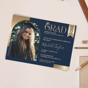 Elegant Modern Stylish Photo Gold Navy Graduation Invitation