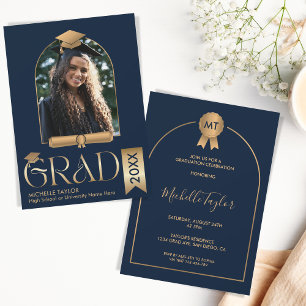 Elegant Modern Stylish Photo Gold Navy Graduation Invitation
