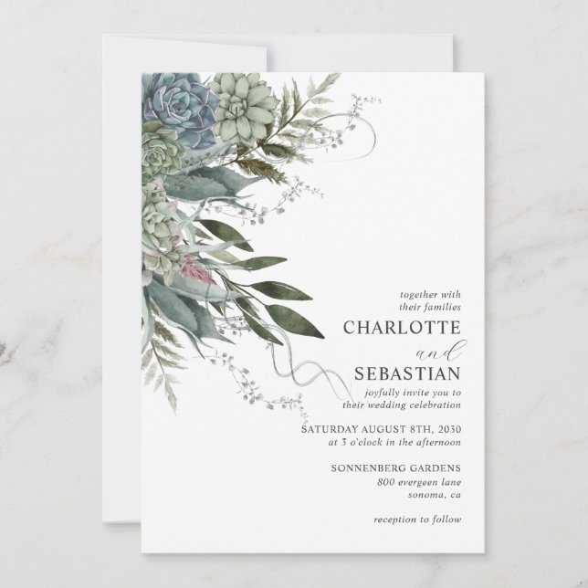 Elegant Modern Succulent Floral Wedding Invitation (Front)