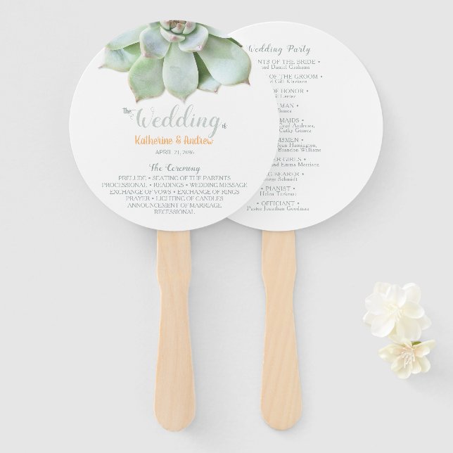 Elegant Modern Succulent Wedding Program Hand Fan (Front and Back)