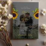 Elegant modern sunflower photo wedding invitation<br><div class="desc">Trendy photo overlay wedding invitation with beautiful sunflower bouquets on a dark transparent background.          Ideal for your summer or autumn fall elegant outdoor garden,  farmhouse barn,  or backyard themed wedding.                 Personalise it with the bride's and groom's 2 engagement photos,  names in faux gold script and wedding details!</div>