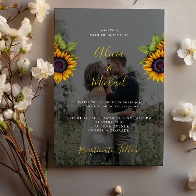 Elegant modern sunflower photo wedding invitation (Creator Uploaded)
