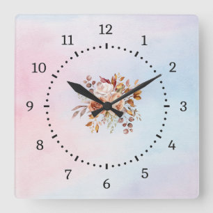Elegant Modern Teal Floral Square Wall Clock
