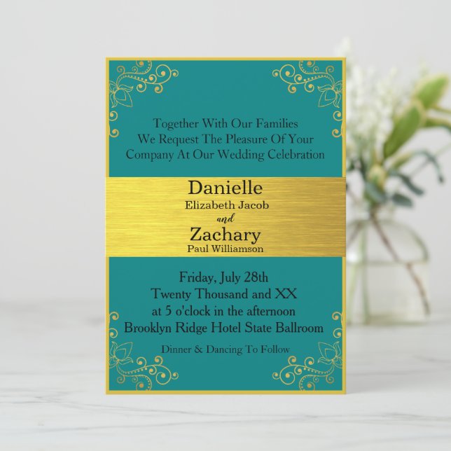 Elegant Modern Teal & Gold Horizontal Wedding  Invitation (Standing Front)