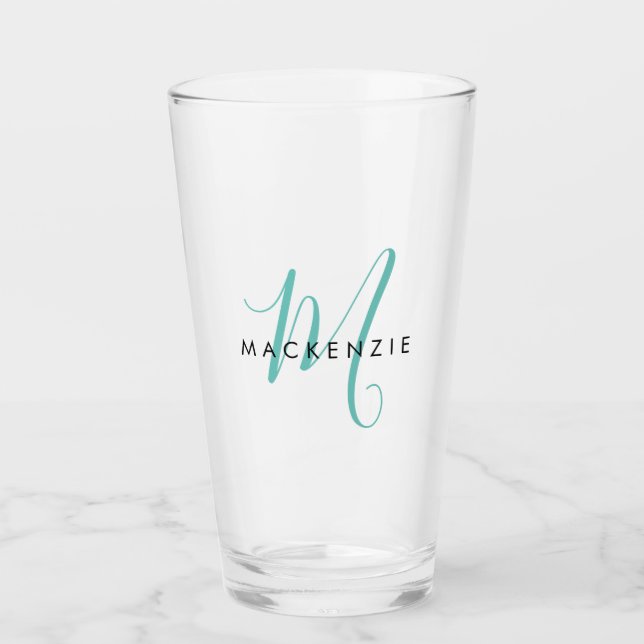 Elegant Modern Teal Script Monogram Glass (Front)