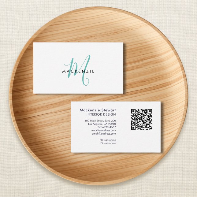 Elegant Modern Teal Script Monogram QR Code Busine Business Card (Creator Uploaded)