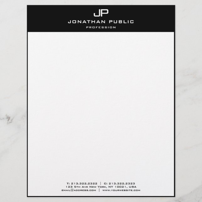 Elegant Modern Template Monogrammed Black White Custom Letterhead (Front)