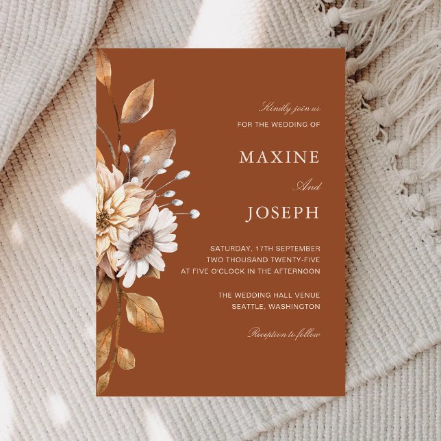 Elegant Modern Terracotta Floral Boho Fall Wedding Invitation (Terracotta floral wedding invitations set a romantic tone for your fall celebration.)