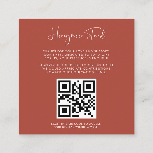 Elegant & modern Terracotta Honeymoon fund QR code Enclosure Card (Front)