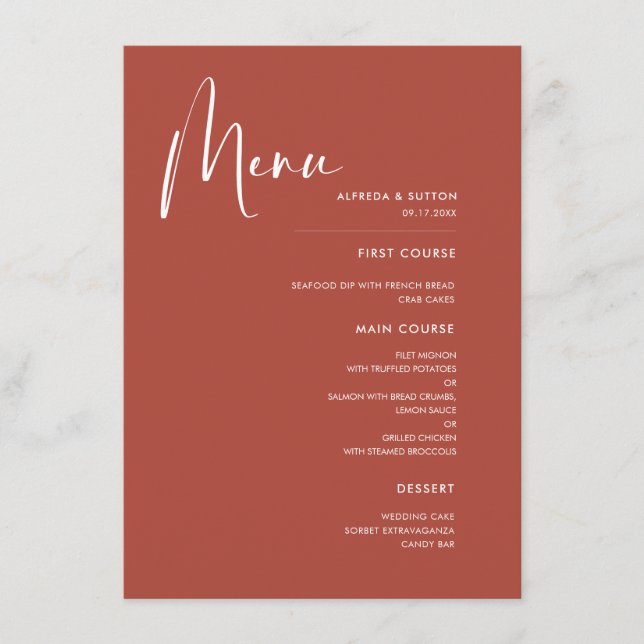 Elegant & modern Terracotta wedding Menu (Front)