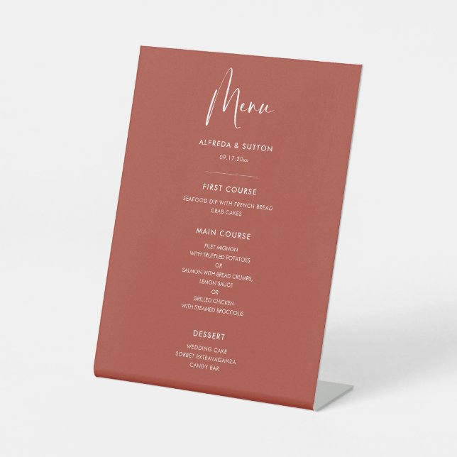 Elegant & modern Terracotta wedding menu Pedestal Sign (Front)