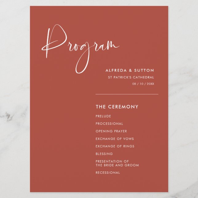 Elegant & modern terracotta wedding programme (Front)