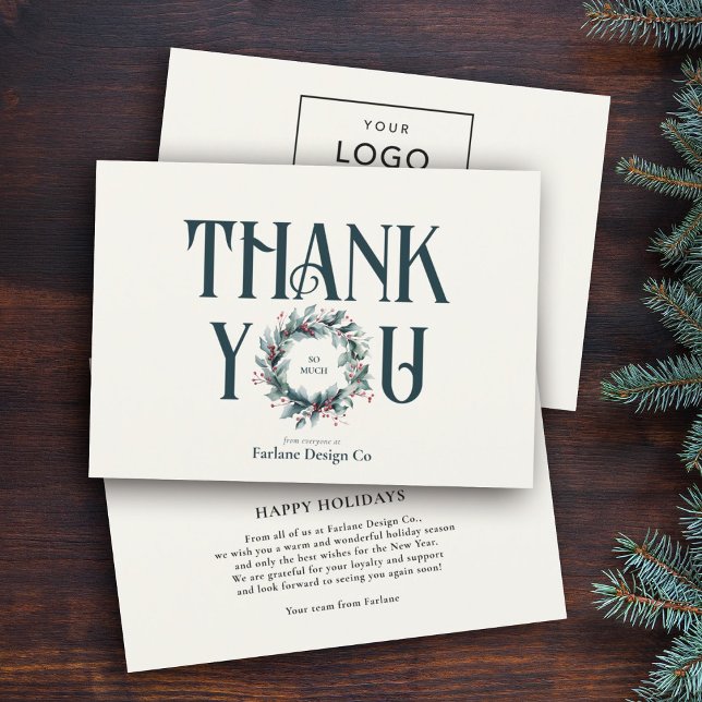Elegant Modern Thank you Wreath Business Logo Holiday Card (Creator Uploaded)