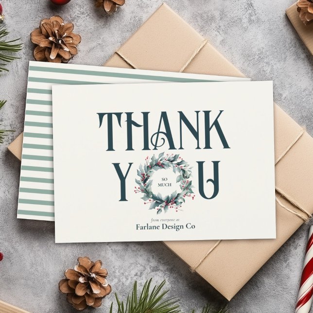 Elegant Modern Thank you Wreath Business Logo Holiday Card (Creator Uploaded)