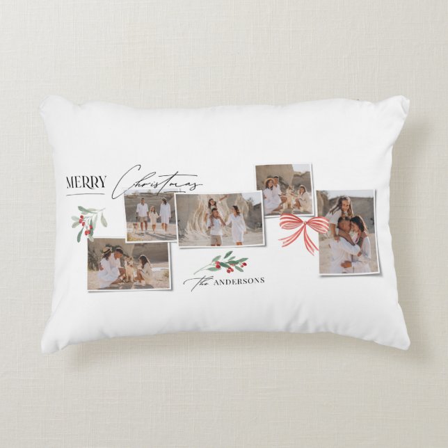 Elegant modern traditional red bow multi photo decorative cushion (Front)