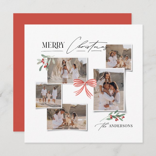 Elegant modern traditional red bow multi photo holiday card (Front/Back)