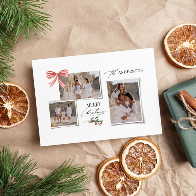 Elegant modern traditional red bow multi photo holiday card (Creator Uploaded)