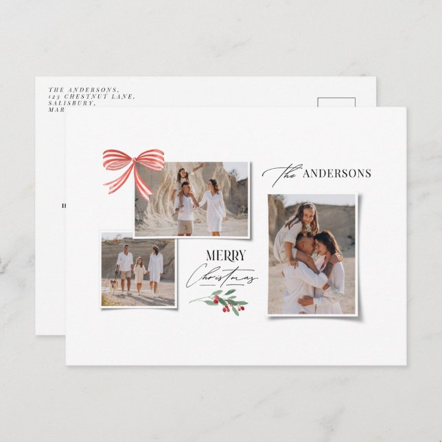 Elegant modern traditional red bow multi photo holiday postcard (Front/Back)