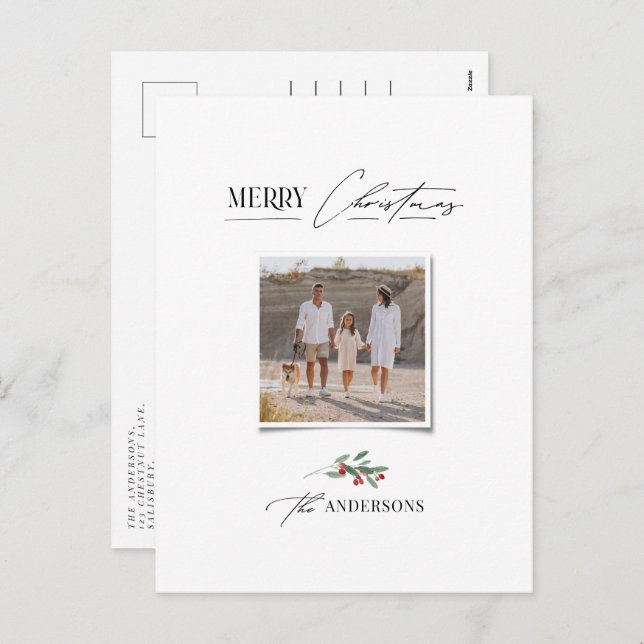 Elegant modern traditional red bow multi photo holiday postcard (Front/Back)