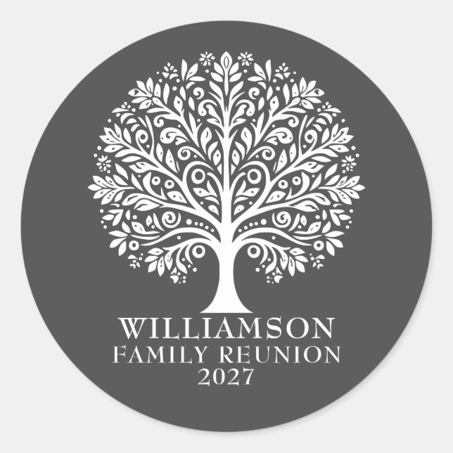Elegant Modern Tree Family Reunion Classic Round Sticker (Front)