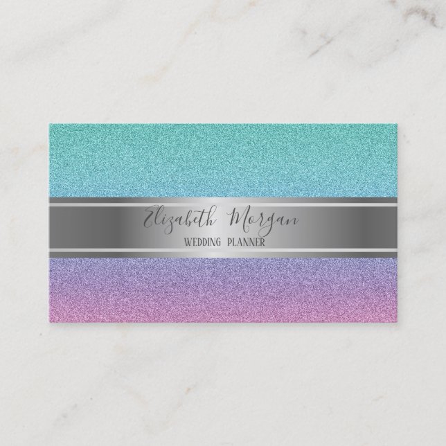 Elegant Modern Trendy Glitter Bokeh, Silver Stripe Business Card (Front)