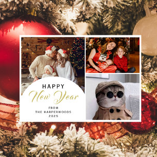 Elegant Modern Trendy Happy New Year 3 Photo Holiday Card