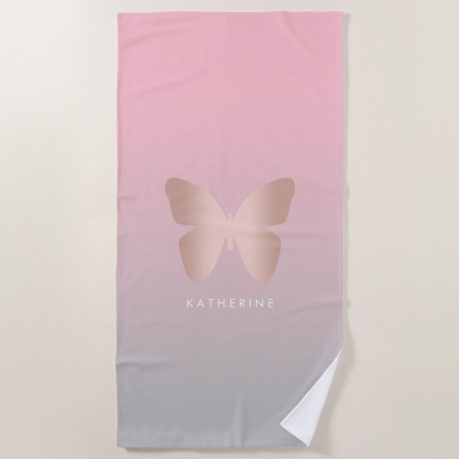 Elegant modern trendy rose gold butterfly beach towel (Front)