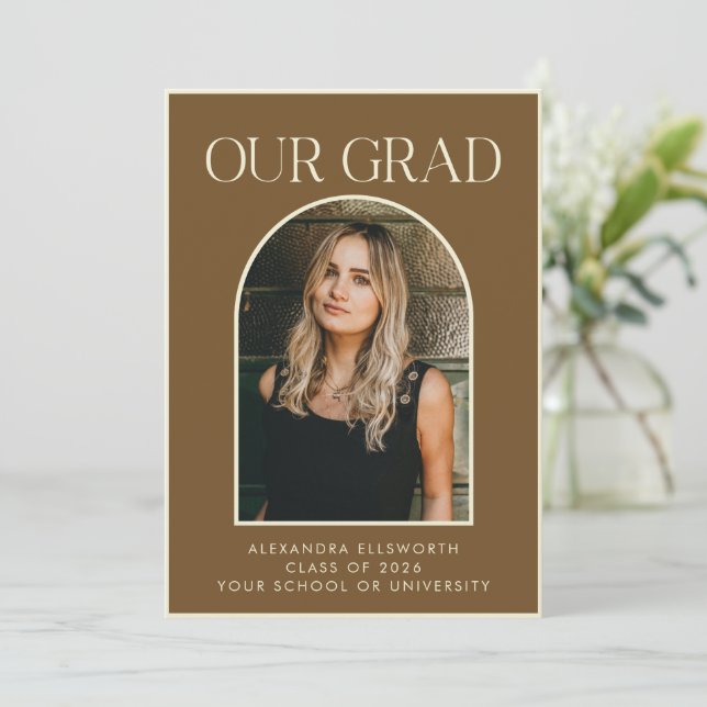 Elegant Modern Two Photo Brown Arch Graduation Announcement (Standing Front)