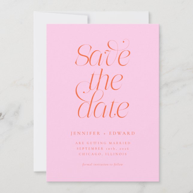Elegant Modern Typography Orange Pink Wedding Save The Date (Front)