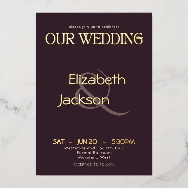 Elegant Modern Typography Plum Noir Wedding Gold (Front)